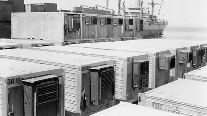 Refrigerated containers in the early 1960s at a port. Source: Maersk